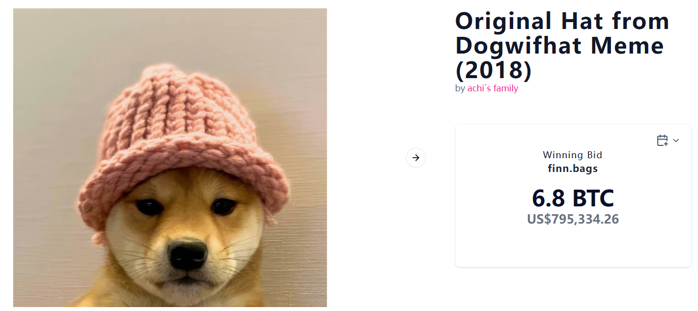 犬の帽子コイン $WIF「ピンクの毛皮の帽子」が 6.8 BTC で販売されました! BAGS の購入者 CEO: 10 億のミームの物語に 80 万ドル